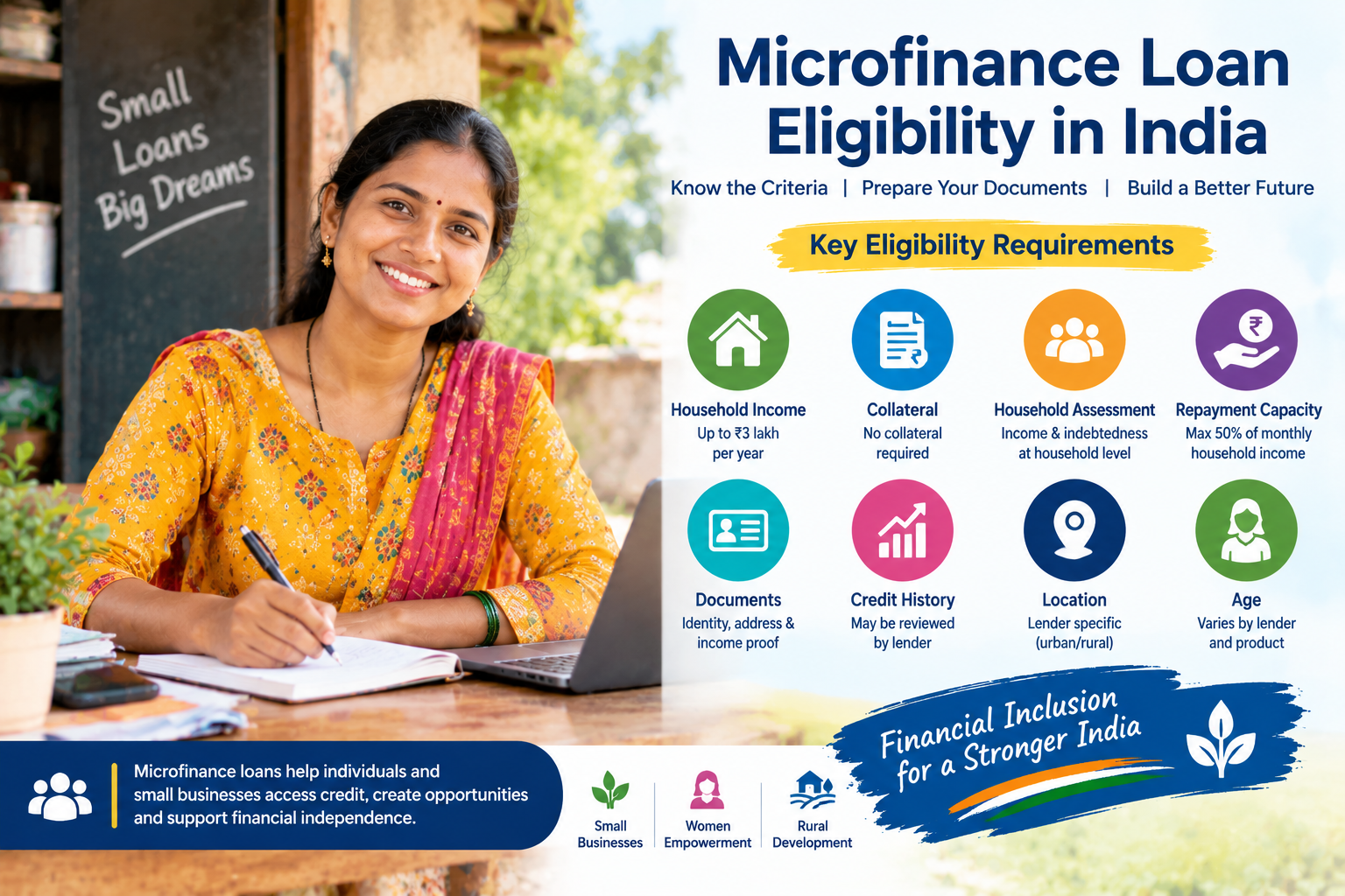 Microfinance loan eligibility in India infographic showing key eligibility criteria including household income up to ₹3 lakh, no collateral, household income and debt assessment, repayment capacity, required documents, credit history, location, and age re